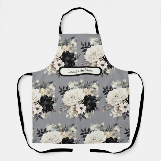 Middelgroot Zwart-wit Bloemen Schort (Voorkant)