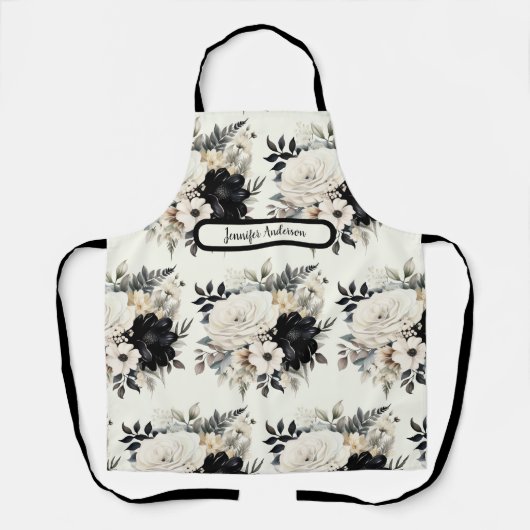 Middelgroot Zwart-wit Bloemen Schort (Voorkant)