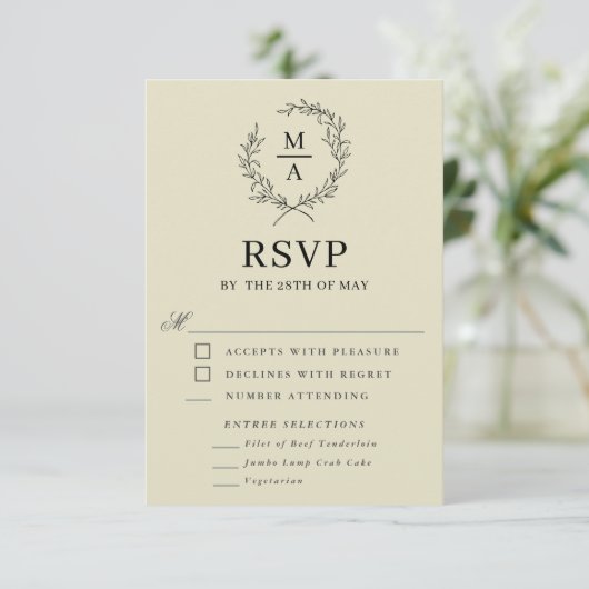 Middelgrote beige Simple Elegant Monogram RSVP en Kaartje (Staand voorkant)