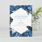 Middelgrote denim Blue Tropical Palm Leaves Weddin Kaart (Staand voorkant)