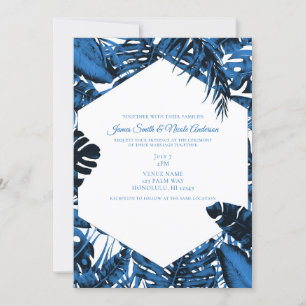 Middelgrote denim Blue Tropical Palm Leaves Weddin Kaart