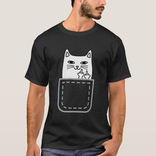 Middelgrote kat cat pocket Funny Cartoon Cat White T-shirt (Voorkant)