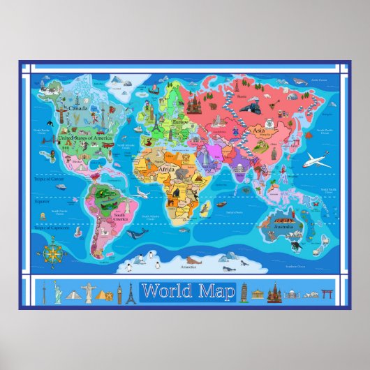 Middelgrote Kinderen geïllustreerde Wereldkaart -  Poster (Voorkant)