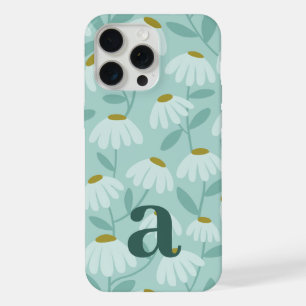 Middelgrote Monogram Letter Teal Blauwe Bloemmotie iPhone 15 Pro Max Case