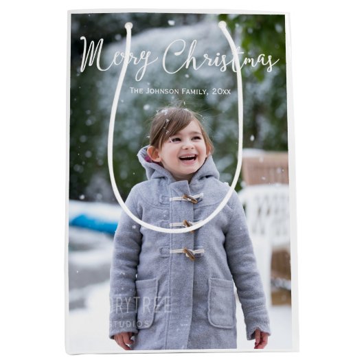 Middelgrote Sneeuwende Foto Kerst Groet Cadeautass Medium Cadeauzakje (Voorkant)