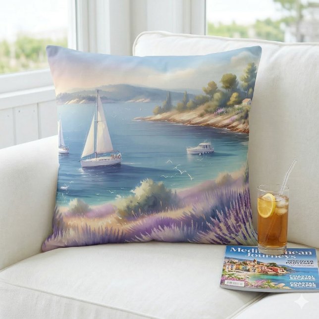 Middelhav Lavendel kust met zeilboten Kussen (Mediterranean Lavender Coast with Sailboats Throw Pillow Mockup A)