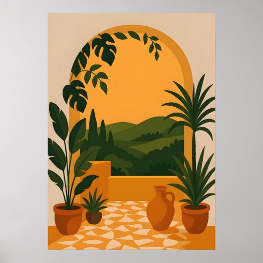 Middelhav tuin met bogen muurkunst zicht poster (Voorkant)