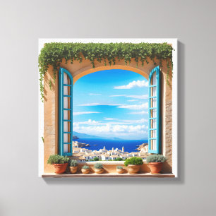 Middelhavenuitzicht raam Egeïsche eilandenstad Canvas Afdruk