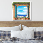 Middelhavenuitzicht raam | Egeïsche eilandenstad Canvas Afdruk (Insitu (Slaapkamer))