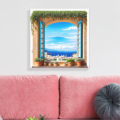 Middelhavenuitzicht raam | Egeïsche eilandenstad Canvas Afdruk (Insitu (Woonkamer))