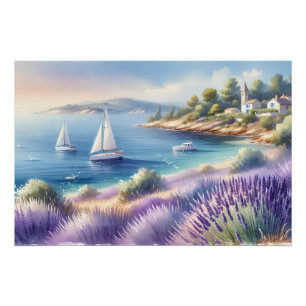 Middelhavskust van lavendel met zeilboten perfect poster
