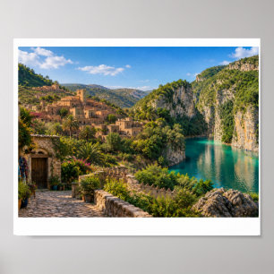 Middellandse Dorp en Turquoise Rivier Kunstprint Poster