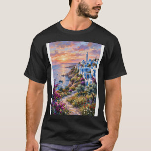 Middellandse kustdorp bij zonsondergang. Impasto s T-shirt