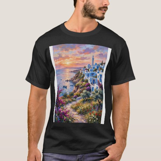 Middellandse kustdorp bij zonsondergang. Impasto s T-shirt (Voorkant)