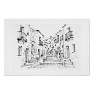 Middellandse Stad Pen Kunst Perfect Poster