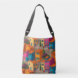 Middellandse Straat — Kleurrijke Huizen Patroon Crossbody Tas