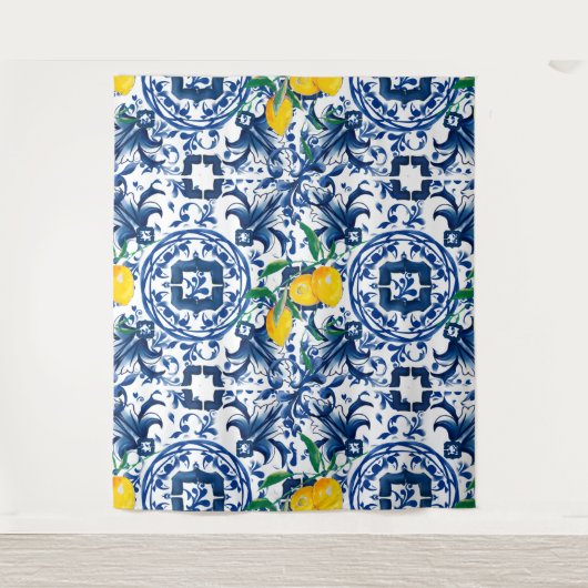 Middellandse-tegels, majolica, blauwe tegels, citr wandkleed (Voorkant)