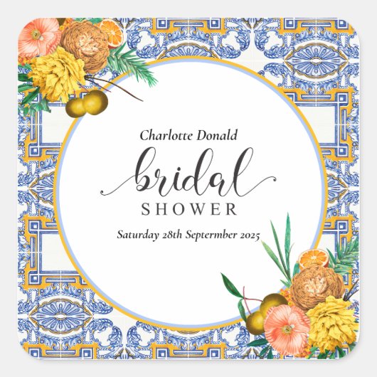 Middellandse Zee Italië Blauwe Tegels Bruidsdouche Vierkante Sticker (Voorkant)