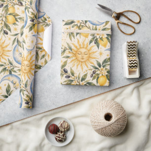 Middellandse Zon & Maan Hemelse Waterverf Patro Cadeaupapier