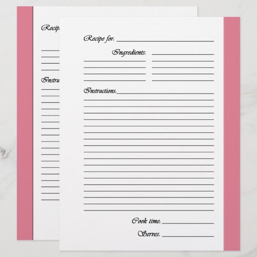 Middelroze, tweezijdige Recipe Pages (Voorkant / Achterkant)