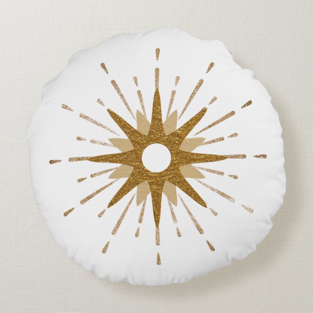 Middelste eeuw Modern Gold & White Starburst Rond Kussen (Achterkant)