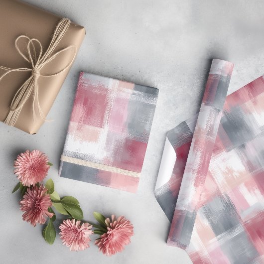 Midden Abstract Gingham Roze en Grijs Cadeaupapier