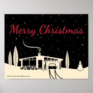 Midden-Century Merry Kerstmis Snowscene-Black Poster