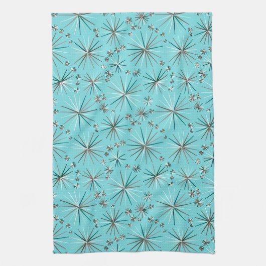 Midden-Century Sputnik patroon, Robin's Egg Blue Theedoek (Verticaal)