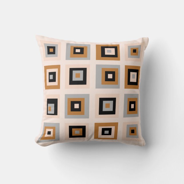 Midden-Century Squares Pattern Black en Terracotta Kussen (Voorkant)