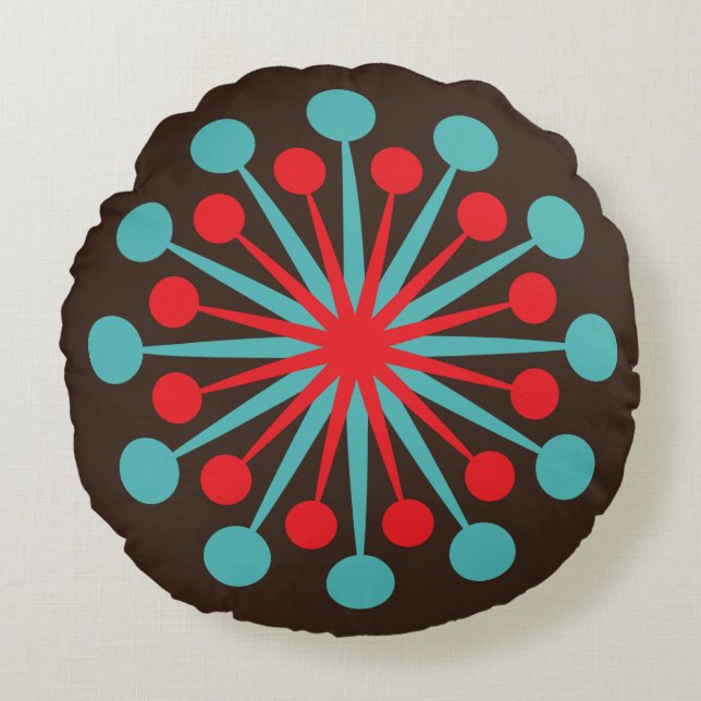 Midden-Century Starburst Red en Turquoise Rond Kussen (Voorkant)