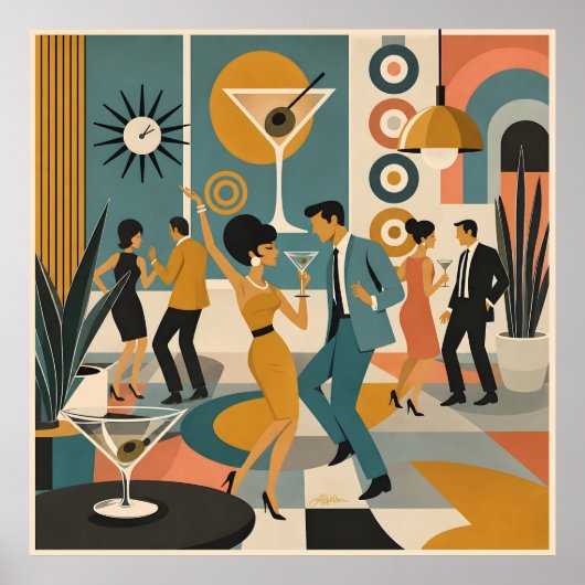 Midden Eeuw 60-er Jaren Hip Martini Cocktail Dansf Poster (Voorkant)
