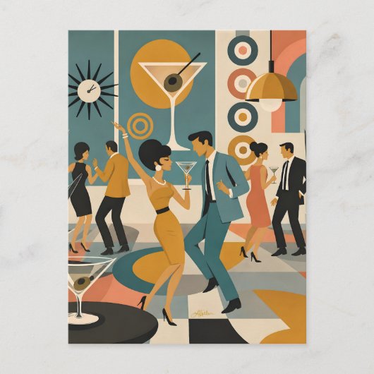 Midden eeuw 60s Hip Martini Cocktail Dansfeest Briefkaart (Voorkant)