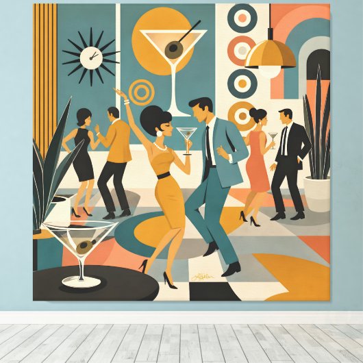 Midden eeuw 60s Hip Martini Cocktail Dansfeest Canvas Afdruk (Insitu (Houten vloer))