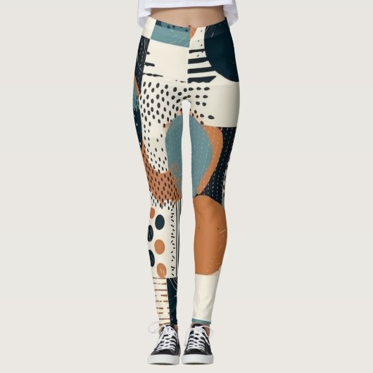 Midden eeuw abstract geometrisch marine roest teal leggings (Voorkant)