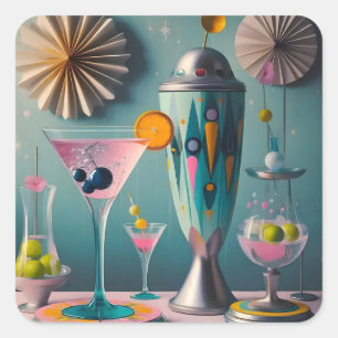 Midden eeuw atomaire futuristische cocktailtijd vierkante sticker