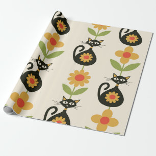 Midden eeuw atomaire katten met retro oranje bloem cadeaupapier