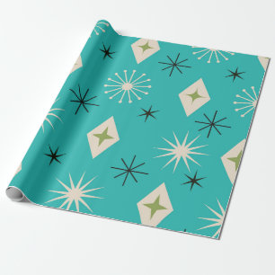 Midden eeuw atomaire sterren met diamanten op Teal Cadeaupapier