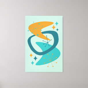 Midden eeuw Atomaire Tijdperk 7 Aqua, Teal, Oranje Canvas Afdruk