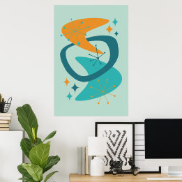 Midden eeuw Atomaire Tijdperk 7 Aqua, Teal, Oranje Poster