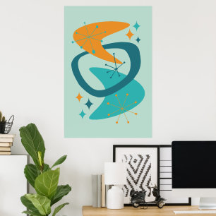 Midden eeuw Atomaire Tijdperk 7 Aqua, Teal, Oranje Poster