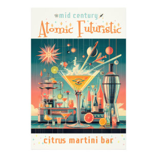 Midden eeuw Atomic Futuristic Citrus Martini Bar Foto Afdruk