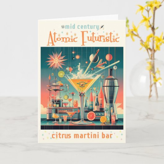 Midden eeuw Atomic Futuristic Citrus Martini Bar Kaart (Gele Bloem)