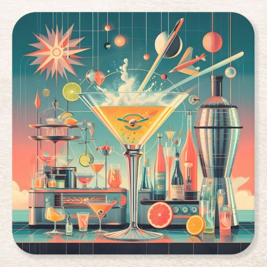 Midden eeuw Atomic Futuristic Citrus Martini Bar Kartonnen Onderzetters (Voorkant)