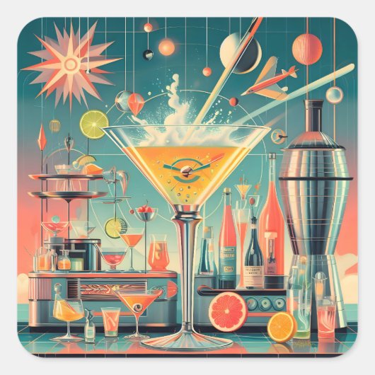 Midden eeuw Atomic Futuristic Citrus Martini Bar Vierkante Sticker (Voorkant)