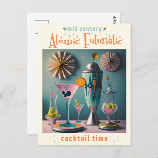 Midden eeuw Atomic Futuristic Cocktail Time Briefkaart (Voorkant / Achterkant)