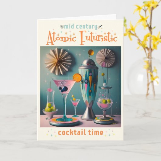 Midden eeuw Atomic Futuristic Cocktail Time Kaart (Gele Bloem)