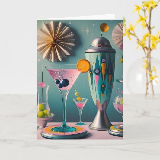 Midden eeuw Atomic Futuristic Cocktail Time Kaart (Gele Bloem)