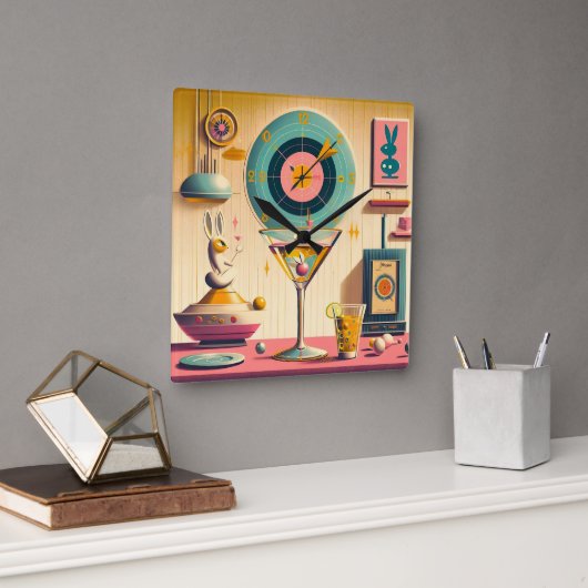 Midden eeuw Atomic Futuristic Rabbit Martini Vierkante Klok (Kantoor)