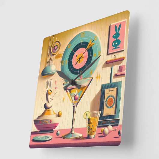 Midden eeuw Atomic Futuristic Rabbit Martini Vierkante Klok (Hoek)