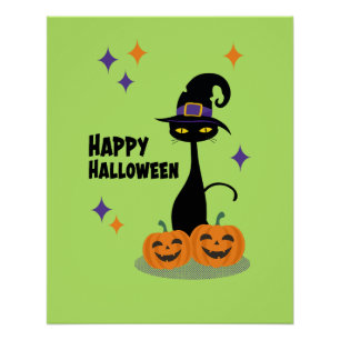 Midden-eeuw Atomic Halloween Cat Green Perfect Poster